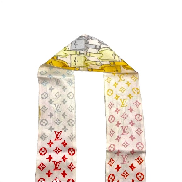Authentic Louis Vuitton Bandeau LV tag printed silk Scarf W/Box - Picture 5 of 16